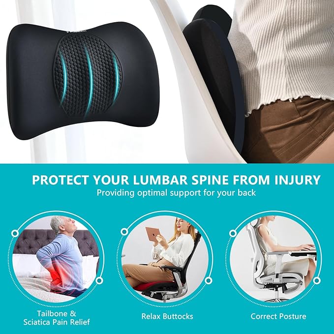FLORICH 3 PCS Seat Cushion for Carseat Lumbar Support Pillow Car Neck Headrest Pillows Memory Foam Gel Memory Foam Massage Point Seat Pads Pressure Relief Back Cushion for Office Chair(Black)