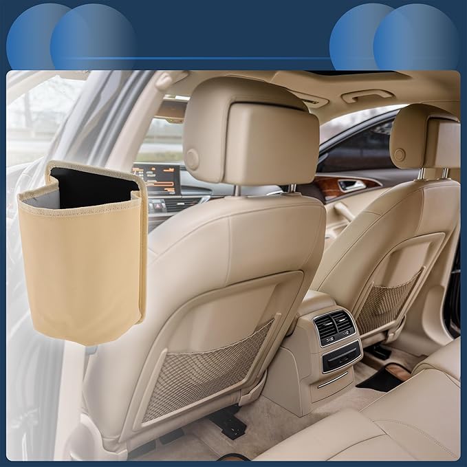 Car Trash Can Front Seats 6.7" Length 4.7" Width 9.8" Height Auto Trash Bin Faux Leather Beige Hanging