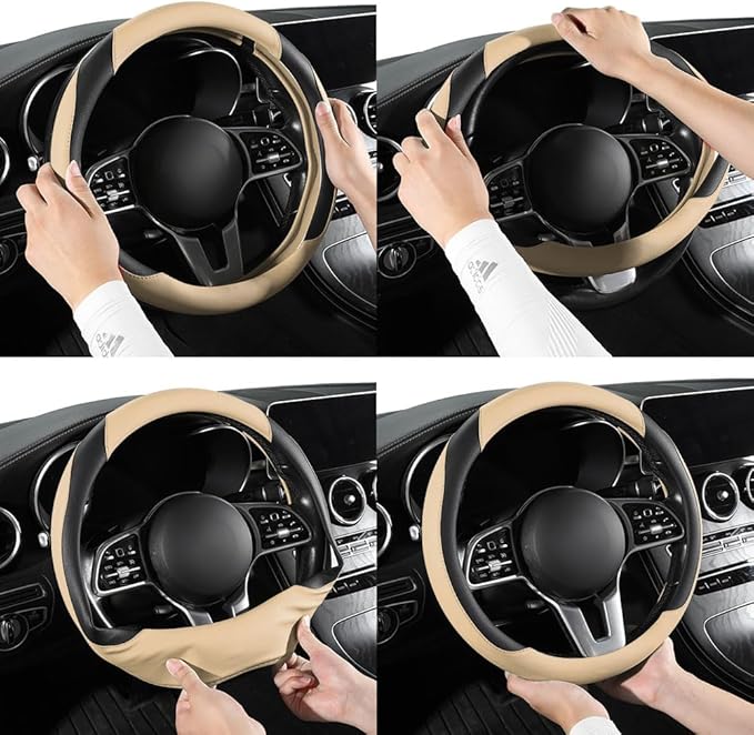Car Steering Wheel Cover, Microfiber Leather Steering Wheel Cover Universal Fit 14.5-15 inch Anti-Slip Comfortable Breathable Car Wheel Protector for Men Women,Beige