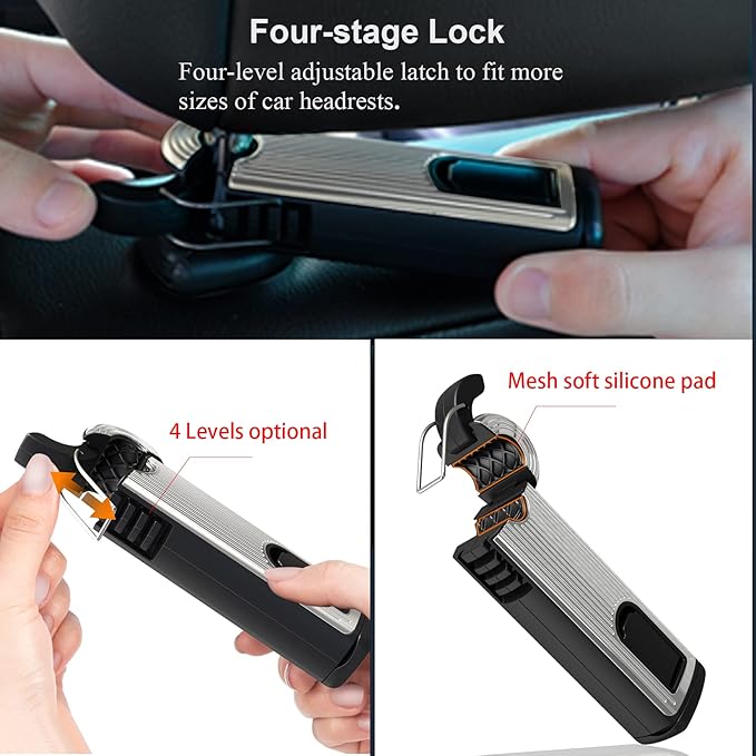 Car Headrest Hidden Hook, New Upgraded 2 in 1 Car Seat Hook with Phone Holder, 360° Rotation Car Hooks for Purses and Bags, Grocery Bag & Handbag (Silver - 1PCS)