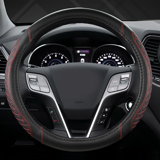 West Llama Customized Auto Car Steering Wheel Cover for Hyundai,Tucson,Sonata,Elantra,Santa Fe,Genesis,Sonata Hybrid,Azera,Venue,Kona, 14.5-15 inches(Diamond Quilted-Black+Red-Standard Size)