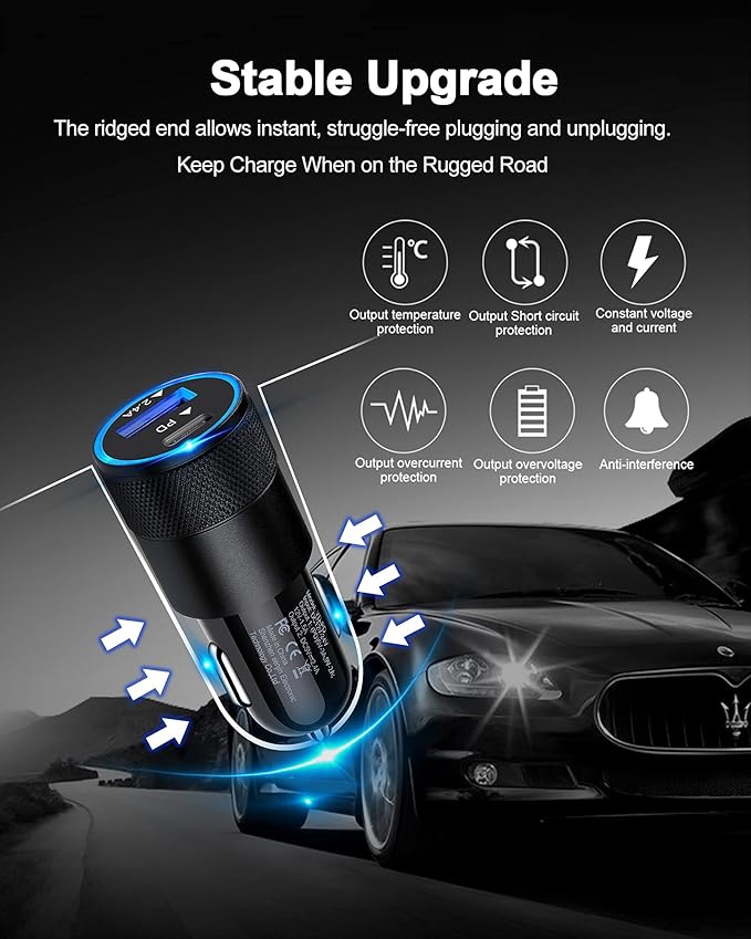 AILKIN 30W PD USB C Car Charger, USB Type C Fast Power Charging Block Dual Port USBA & USBC Plug Cargador Carro Lighter Adapter for iPhone, iPad, Samsung Galaxy, LG, Google Pixel, Moto, USB-C Port