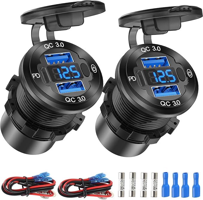 2 Pack 12V USB Outlet Wire Aluminum Car Charger Multi Port, Dual Quick Charge 3.0 Port and PD USB C Socket with Voltmeter Switch for Car Boat Marine Truck RV, Fast Charge for Phones lPad, etc.