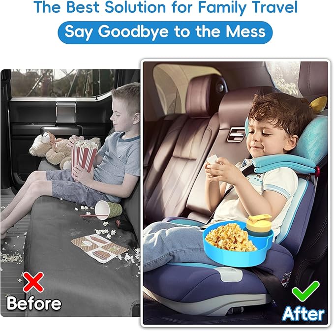 2PCS Resptasski Car Seat Cup Holder Snack Tray for Kids – Travel Tray for Car, Booster, Stroller, Outdoor Kit. Universal Adjustable Tray with Detachable Base for Snacks, Toys, Food (Sky Blue & Pink)