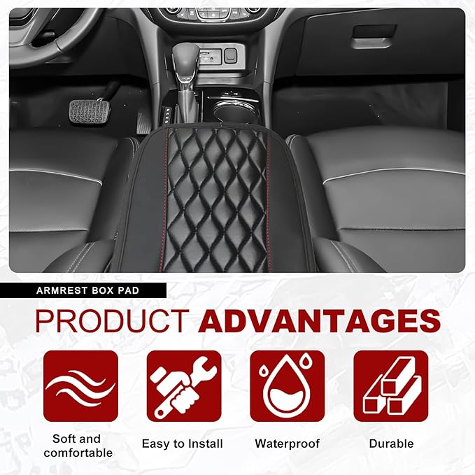 Car Center Console Cover with Side Storage Pockets, Universal Leather Waterproof Armrest Seat Box Cover Protector, Comfortable Car Decor Accessories Fit for Most Cars, Vehicles, SUVs (Black)