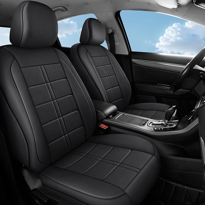 crossmiles Faux Leather Car Seat Covers Full Set, Foam Seat Cover for Car, Universal Car Seat Protector with Waterproof and Breath Fit for Cars, Trucks, SUV, Vans (Black Square)