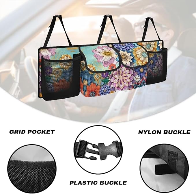 Boho Car Trunk Organizer Oxford Cloth, Mandala Flower Car Storage Organizer (37.01"*11.8") Portable Car Storage Bag with 4 Pocekt, Hanging Car Organizer for SUV/MPV/Truck, Machine Washable