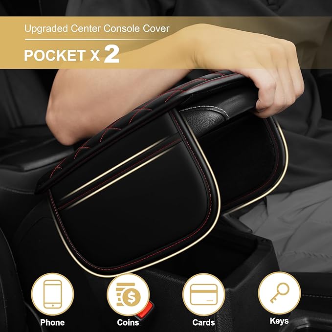 Center Console Cover for TSX: Armrest Cover for Car with 2 Storage Bags - Scratch & Wear Resistant & Waterproof Leather Console Cover,Anti-Scratch Auto Armrest Pad Accessory （Black&Red