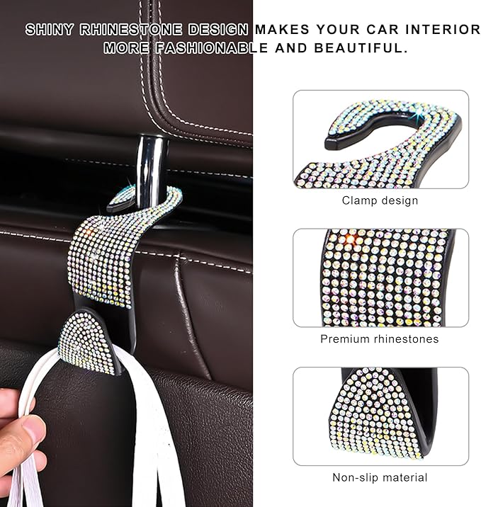 4 PCS Car Seat Headrest Hooks, Bling Crystal Rhinestone Back Seat Hanger Storage Organizer, Sparkly Seatback Holder Hooks for Purse and Bags Universal For Most Vehicles (Colorful)