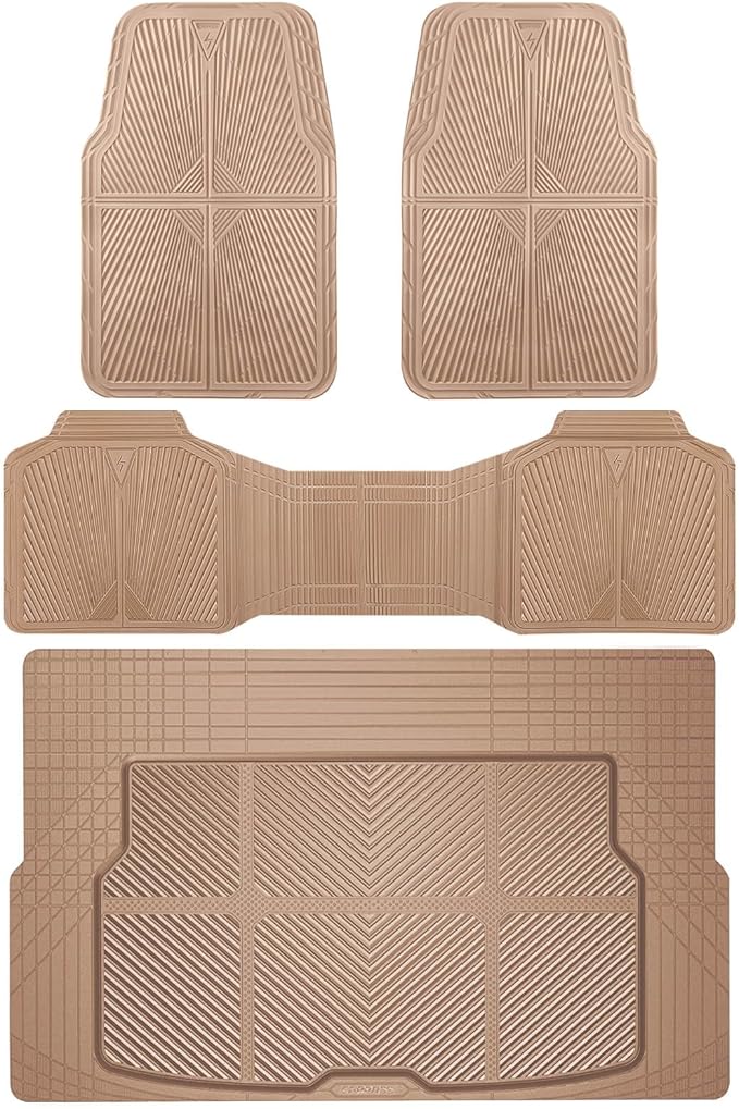 CAR PASS Beige Rubber Floor Mats&Cargo Liner,Waterproof Truck Mats Heavy Duty,All Weather Trim-to-Fit Automotive Mat for Car Truck SUV,Anti-Slip Easy Clean Durable,Full Set 5-Piece,3D Emboss All Beige