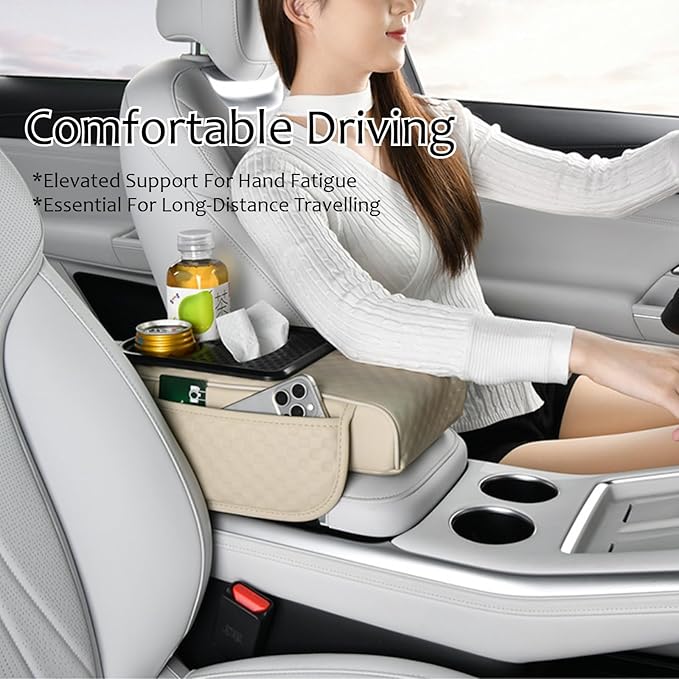 Car Center Console Armrest Pad, Arm Rest Box Cushion with Ergonomic Height Boost, Storage Pockets, Built-in Tissue Box, Cupholder, Fit for Most Sedan Vehicles (Embossing Checkerboard, Coffee)