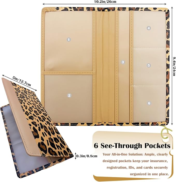 FinestHouse Car Registration and Insurance Holder with Magnetic Closure, Universal Document Organizer for License, Insurance Cards & Glove Box Storage (Leopard-Brown)