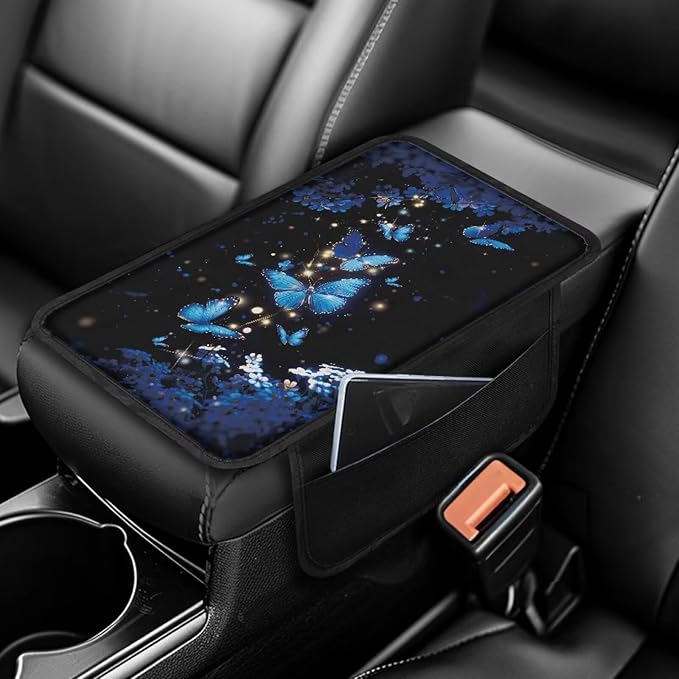Dreaweet Car Armrest Cover Pad Blue Butterfly Flower Print Center Console Covers with Pockets for Car SUV Truck Sedan,Universal Washable Arm Rest Cover for Car