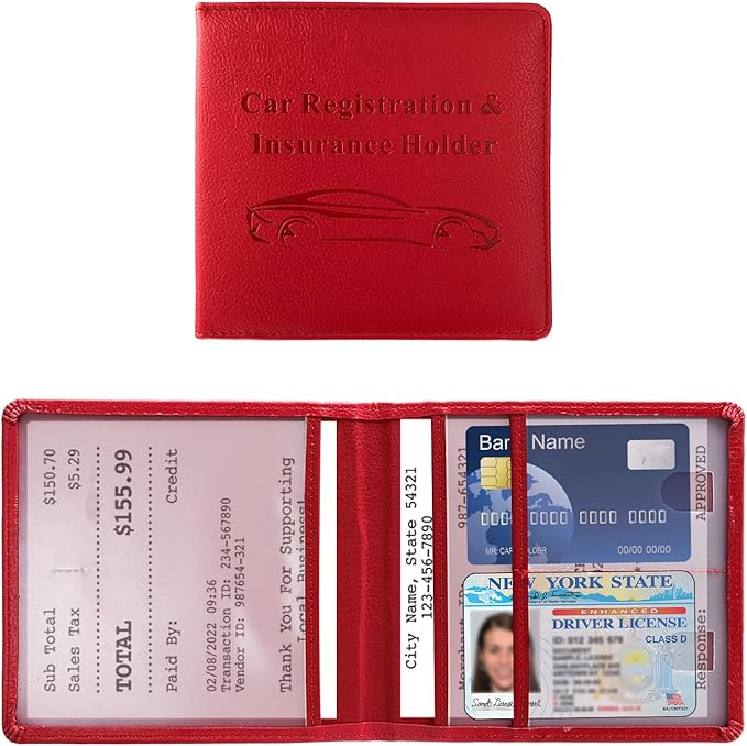 Car Registration and Insurance Holder, 5.51" × 5.11" Premium Leather Vehicle Glove Box Organizer with Magnetic Closure, Auto Document Holder for Cards Paperwork and Drive License (Red-B)