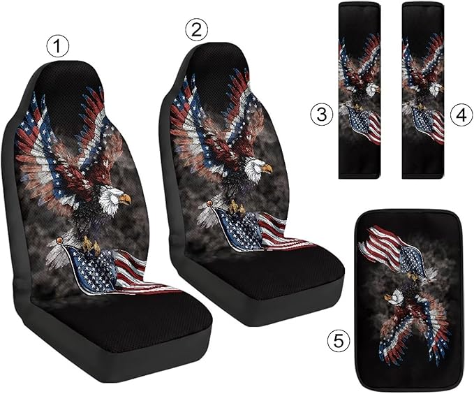 Qeluxign Air Mesh Car Seat Covers & Accessories American Flag Bald Eagle 5-Piece Set 2 Seat Covers, 2 Shoulder Belt Pads, 1 Console Pad PU Leather Car Interior Set for Women