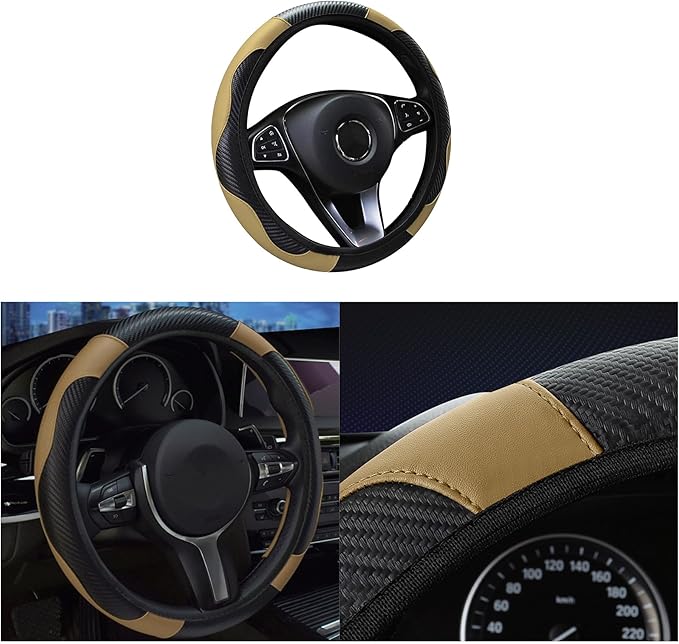 Car Steering Wheel Cover, 15 inch Carbon Fiber Microfiber PU Leather Elastic Steering Wheel Protector for Men Women,Universal Durable Car Decorative Fit for Most Cars, Trucks, SVU (Beige)