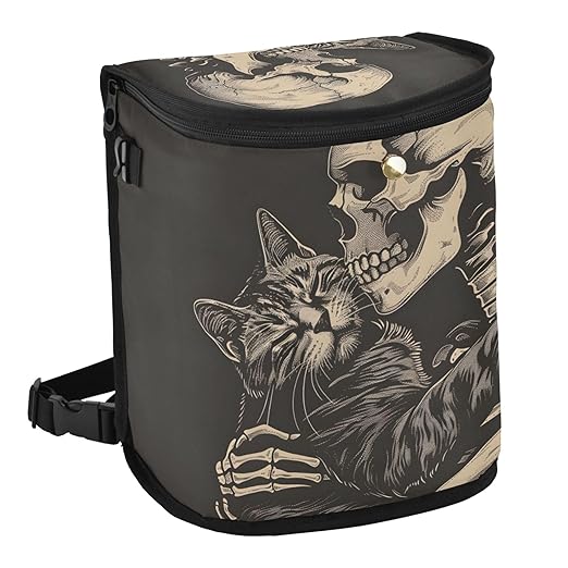 MNSRUU Car Trash Can with Lid, Cat Snuggled Human Skeletal Skull Car Trash Bag Hanging Organizers and Storage for Front Back Seat, Leak-Proof Trash Bin