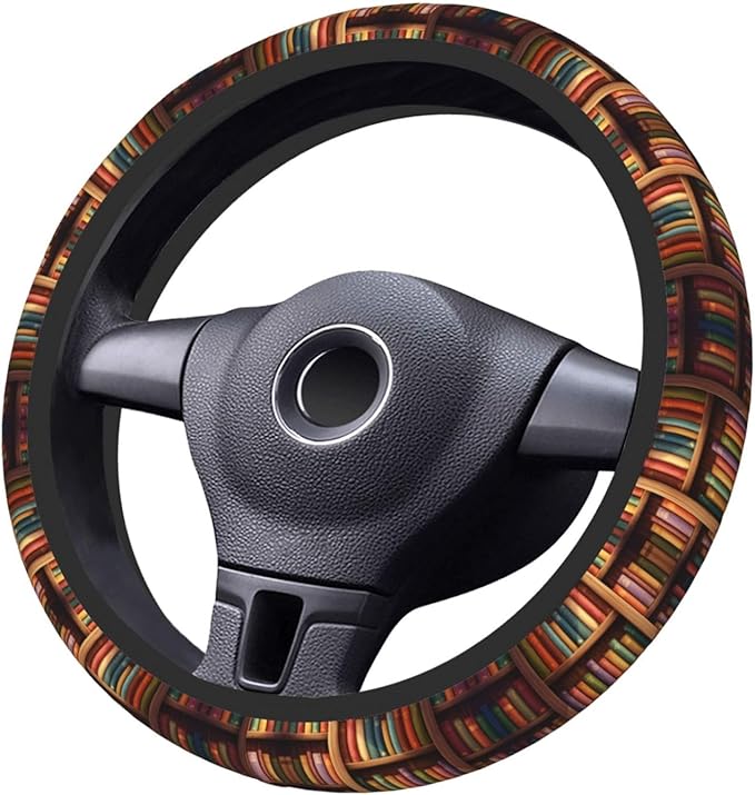 Neoprene Steering Wheel Cover Vintage Library Bookshelf Car Steering Wheel Cover Universal Fit for Most Cars