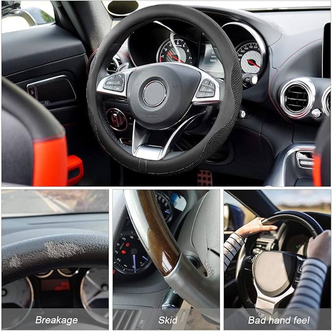 Car Steering Wheel Cover, Microfiber Breathable Ice Silk Leather Steering Wheel Cover Soft Anti-Slip Safety, 15inch Four Season Universal Fits for Most Truck,SUV,Cars (Black Ice Silk)