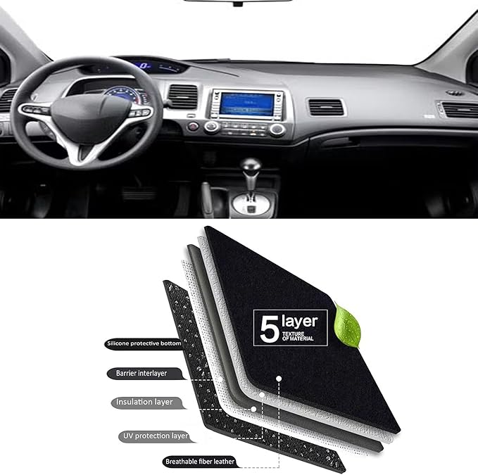Upgraded Dash Mat for 2006-2011 Honda Civic Polyester Dash Board UV Protection Non-Slip Windshield Reflective Dash Cover Interior Accessory Black
