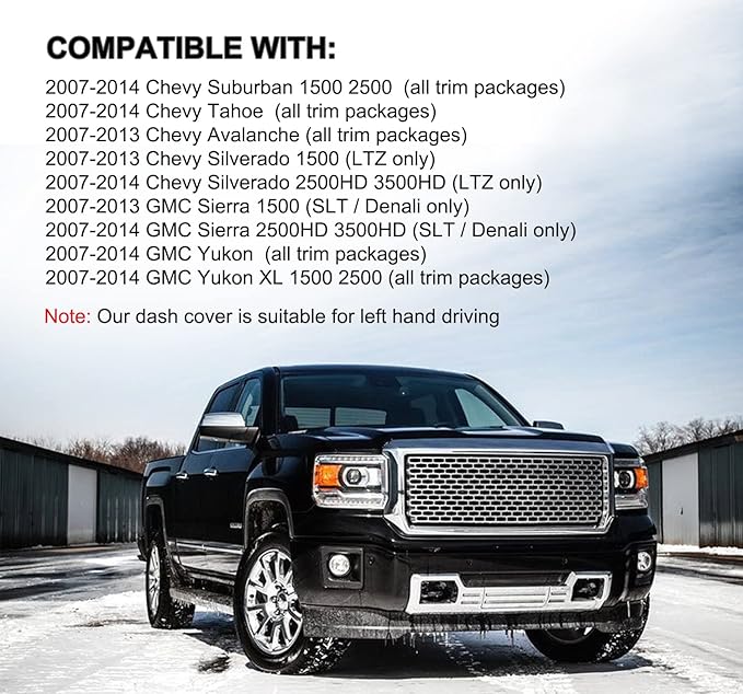 Dashboard Cover Dash Mat Fit for 2007-2014 Chevy Chevrolet Tahoe Suburban,2007-13 Chevy Avalanche Silverado 1500 2500 3500 LTZ /2007-13 GMC Sierra SLT Denali,2007-14 GMC Yukon XL (Dark Gray) Y24