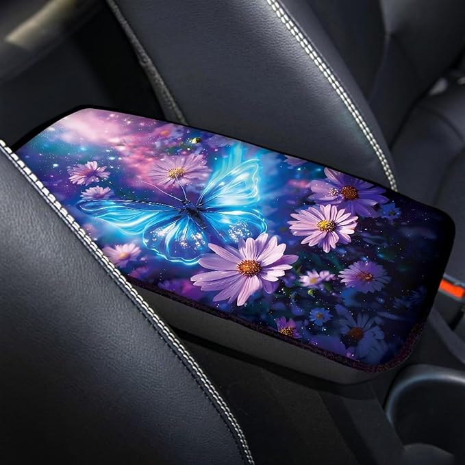 Blue Butterfly Auto Armrest Console Cover Arm Rest Cover Car Soft Car Console Covers Protect from Pet Claws for Most Vehicle, SUV, Truck, Cars