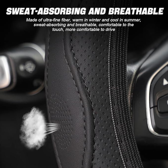 LoyaForba Car Steering Wheel Cover, Non-Slip Microfiber Leather Steering Wheel Cover, Breathable Vehicle Soft Handle Protector, Universal Automotive Interior Accessories for Women Men Girls (Black)
