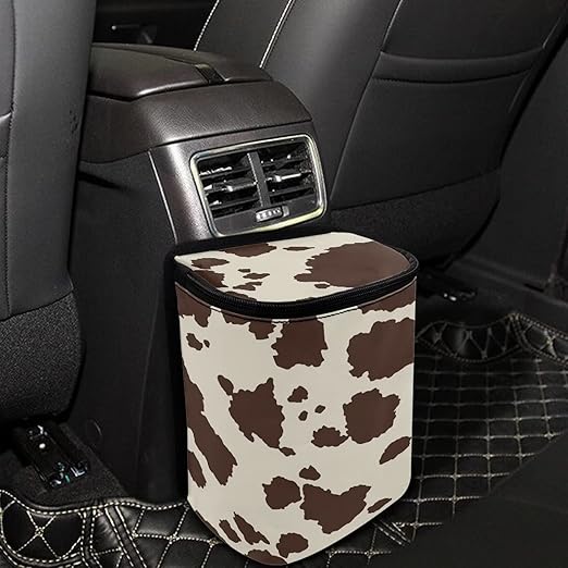Brown Cow Car Trash Can with Lid Collapsible Reusable Waterproof Car Garage Bag, Cow Print Automotive Garbage Can, Car Accessories Interior Car Organizer with Adjustable Straps