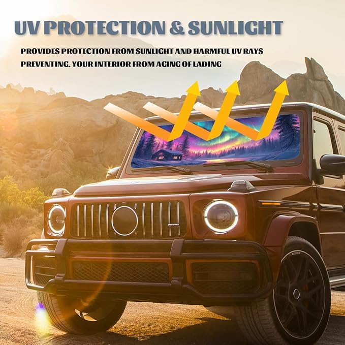Northern Lights Car Window Sun Shield Snowy Forest Old Hut Pine Trees Front Window Sun Shade Blocks UV Rays Sun Visor Protector for Car Sedan Truck SUV Accessories 59" L x 31.5" W