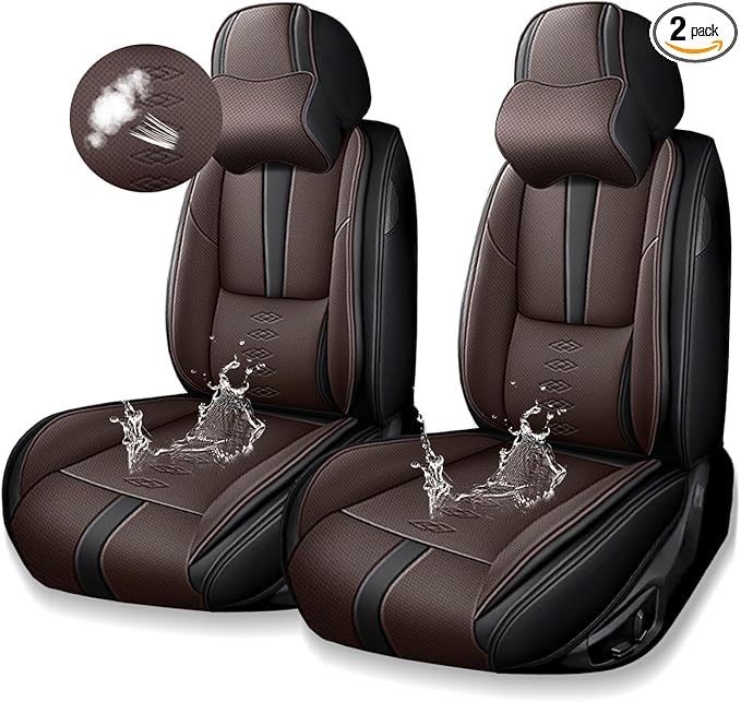 Premium Universal Car Seat Cover, Comfortable Leather Seat Cover for 96% of Models, Waterproof Car Seats Protectors Cushions for 2 Seats(Black+Coffee,Pillows)