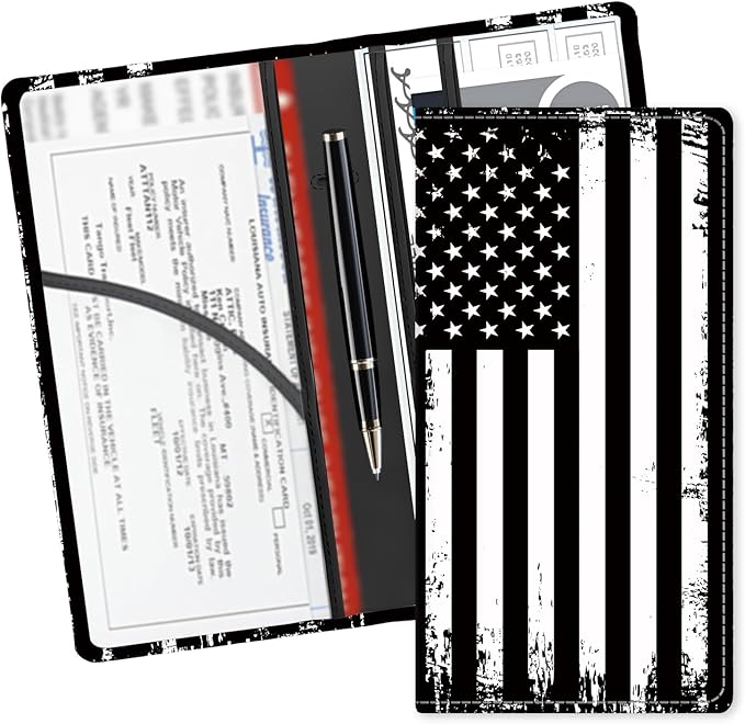 ADUQLZUX Leather Car Registration and Insurance Card Holder, Cute Car Accessories Vehicle Glove Box Car Organizer for Documents, Cards, License Retro American Flag