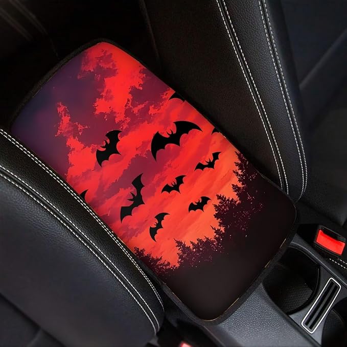 Mintutlipy Sunset Halloween Bat Car Center Console Cover Car Storage Box Mat Car Interior Accessories Easy to Install Clean Compatible with Most Cars