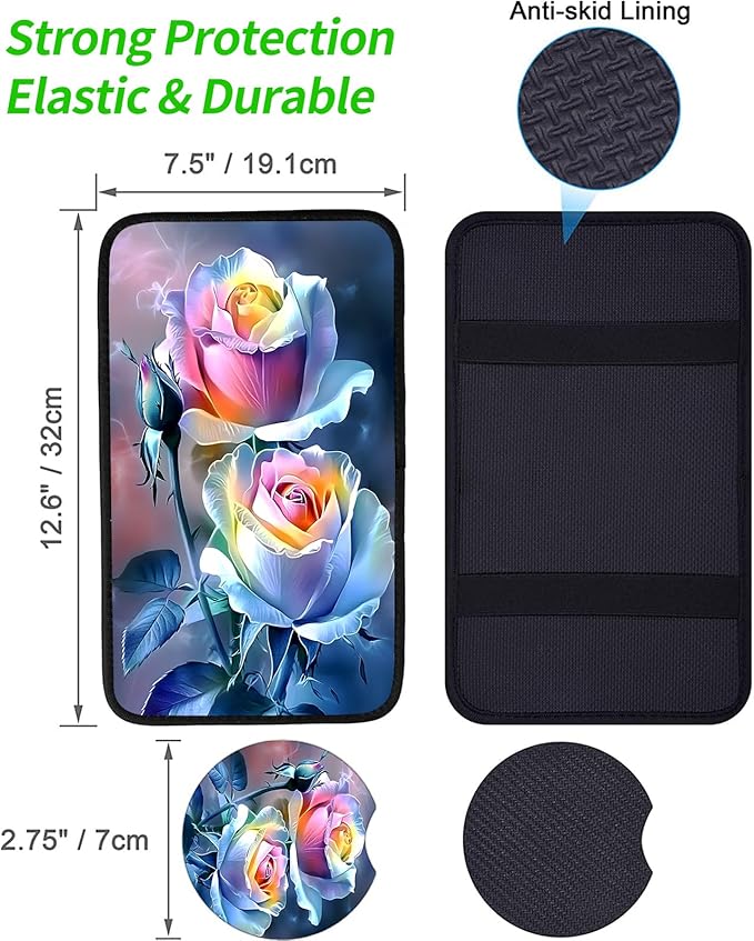 JANENFNA Car Armrest Cover Pads Universal Fashion Cute Auto Center Console Armrest Cover Pad with 2PCS Car Coasters Soft Waterproof Car Armrest Seat Protector for Women,Rainbow Roses