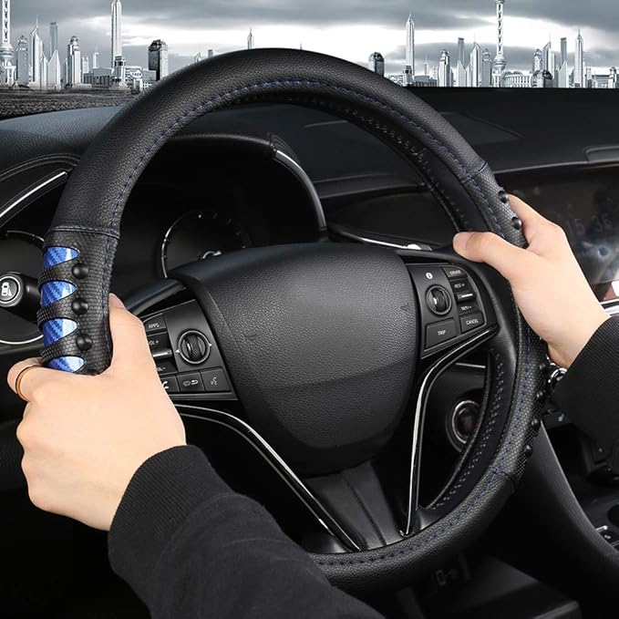 West Llama Microfiber Leather Car Steering Wheel Cover for Men Women,Universal Fit 14.5-15 inch(Leather Nails-Blue+Black-Standard Size)