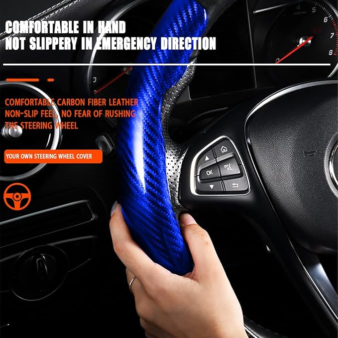Steering Wheel Cover, 2PCS Segmented Steering Wheel Protector, Carbon Fiber Anti-Slip and Durable Car Accessory, Universal Fit for Most Cars，SUVs (Carbon Fiber Blue)