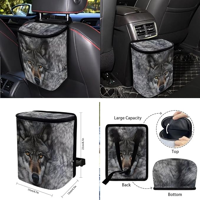 Wolf Printed Car Interior Cover Sets, Car Front Rear Seat Cover with Steering Wheel Protector Coaster Trash Can Air Vent Storage Bag, Universal Fits Auto Interior Accessories