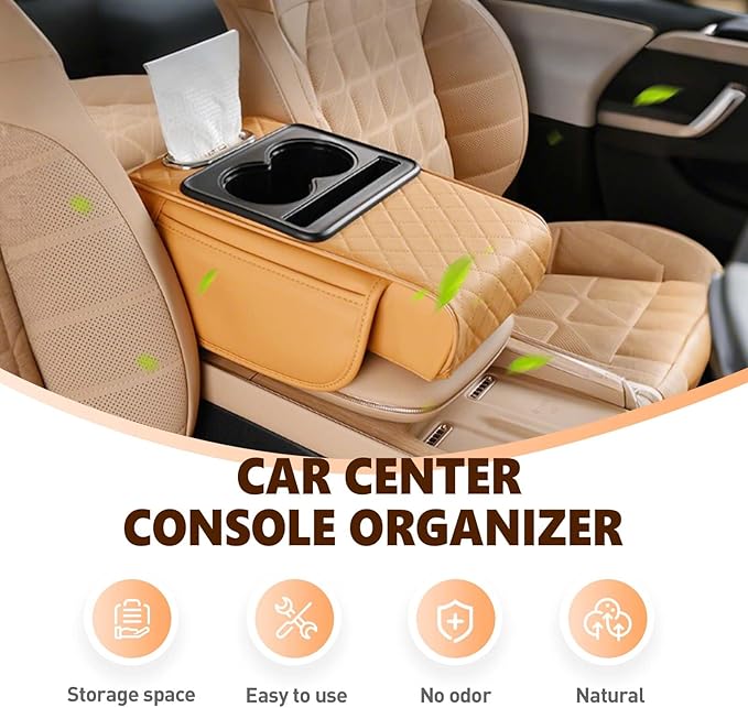 Multifunctional Car Armrest Cushion with Integrated Booster, 2026 Upgraded Universal Style Memory Cotton Car Armrest Box Pad, Car Center Console Armrest Pillow, with 2 Cup Holder (Coffee)