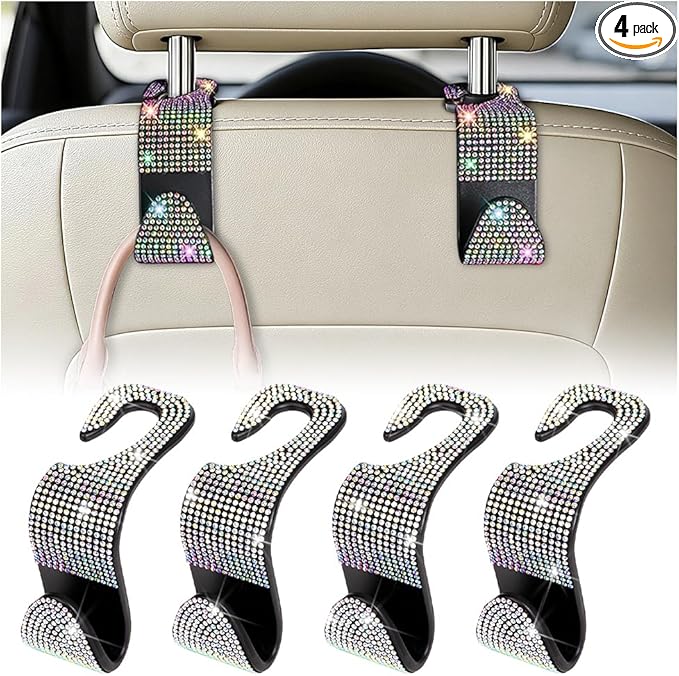 HZEL Bling Car Seat Headrest Hooks, 4PCS Crystal Rhinestone Vehicle Seat Back Hanger Holder for Purses Bag Handbags, Diamond Headrest Storage Organizer, Universal Auto Accessories (AB White)
