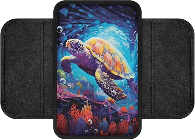 BIGCARJOB Automotive Armrest Cover Cushion Blue Sea Turtle Print Car Center Console Cover Cute Armrest Cover with Side Pockets Universal Car Armrest Box Pad Auto Interior Accessories