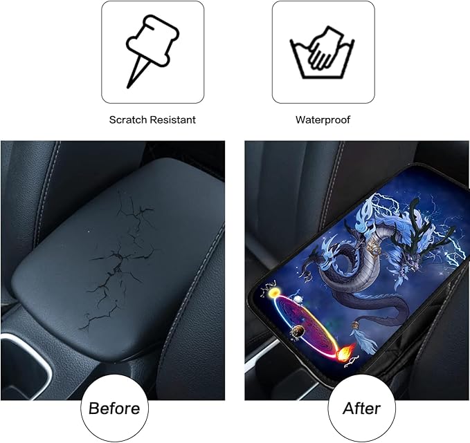 JANENFNA Car Armrest Cover Pads Universal Fashion Cute Auto Center Console Armrest Cover Pad with 2PCS Car Coasters Soft Waterproof Car Armrest Seat Protector for Women,King Dragon