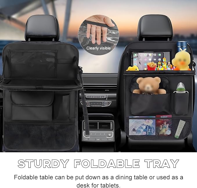 2PCS Car Backseat Organizer, Waterproof Practical Back Seat Protector with Tablet Holder, Hanging 6 Storage Pockets with Foldable Table Trays for Vehicles, Car Accessories
