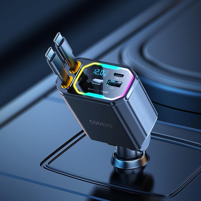 Retractable RGB Light PD 65W 110W Dual USB C Car Charger, 35.43 inches Retractable Cord, Type C Car Charger for iPhone 16/15/14/13/12, Samsung, USB-C MacBook Laptop