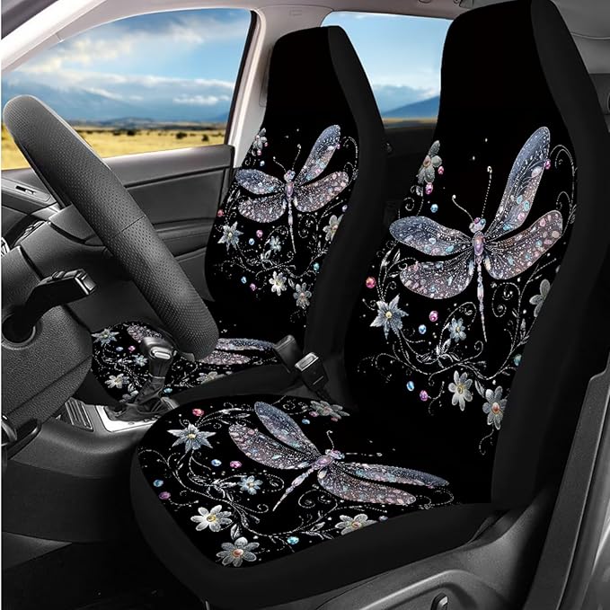 Dngkaoje Dragonfly Car Seat Covers Full Set 13 Pack Women Auto Interior Seat Protective for Front and Rear Art Dragonfly Car Accessories for Ladies Girly Hanging Trash Bag,Seatbelt Pads,Armrest Pad