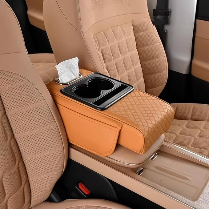 Multifunctional Pu Leather Car Armrest Box Mat, 5-in-1 Waterproof Car Armrest Organizer, Car Armrest Cushion Heightening Pad with Cup Holder, Tissue Boxes for Most Cars (Yellow-B)