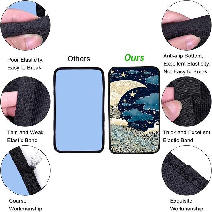 JANENFNA Car Armrest Cover Pads Universal Fashion Cute Auto Center Console Armrest Cover Pad with 2PCS Car Coasters Soft Waterproof Car Armrest Seat Protector for Women,Blue Gold Moon Stars