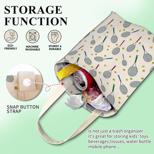 Car Trash Can, Cute Car Trash Bag, Hanging Car Organizer and Storage Bag, Trash Bin for Car Accessories, Vehicle, Travelling, Camping Cute Tennis Pattern