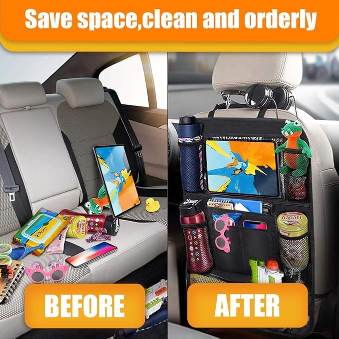 Car Backseat Organizer, Oxford Cloth Kick Mats Back Seat Protector with 9 Pockets & Clear Tablet Holder, Universal Waterproof Car Road Trip Essentials Storage Accessory (1PC)