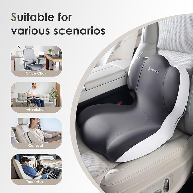FLORICH Memory Foam Truck Seat Cushion,Car Seat Cushion and Lumbar Support Pillow for Office Chair, Ergonomic Back Support & Sciatica Relief for Long Drives(Beige Grey)
