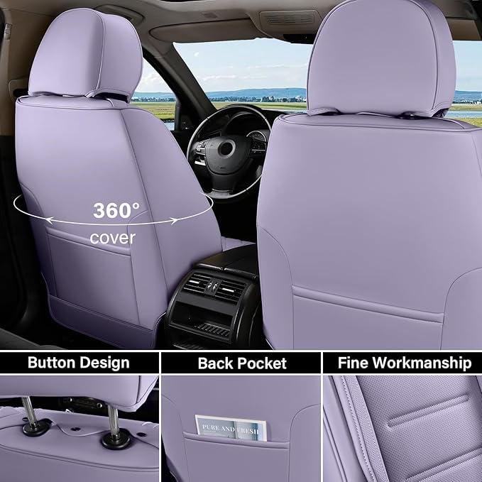 Coverado Car Seat Covers Full Set, Seat Covers for Cars, Car Seat Protector Waterproof, Leather Cushion, Universal Car Interior Covers Seat Protectors for Most Cars Purple