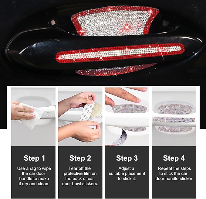 BetterJonny 10PCS Crystal Car Door Handle Scratches Protector, Rhinestone Car Door Handle Stickers Bling Car Door Handle Scratch Protector Stickers for Women and Girls Car Stickers (Red+White)